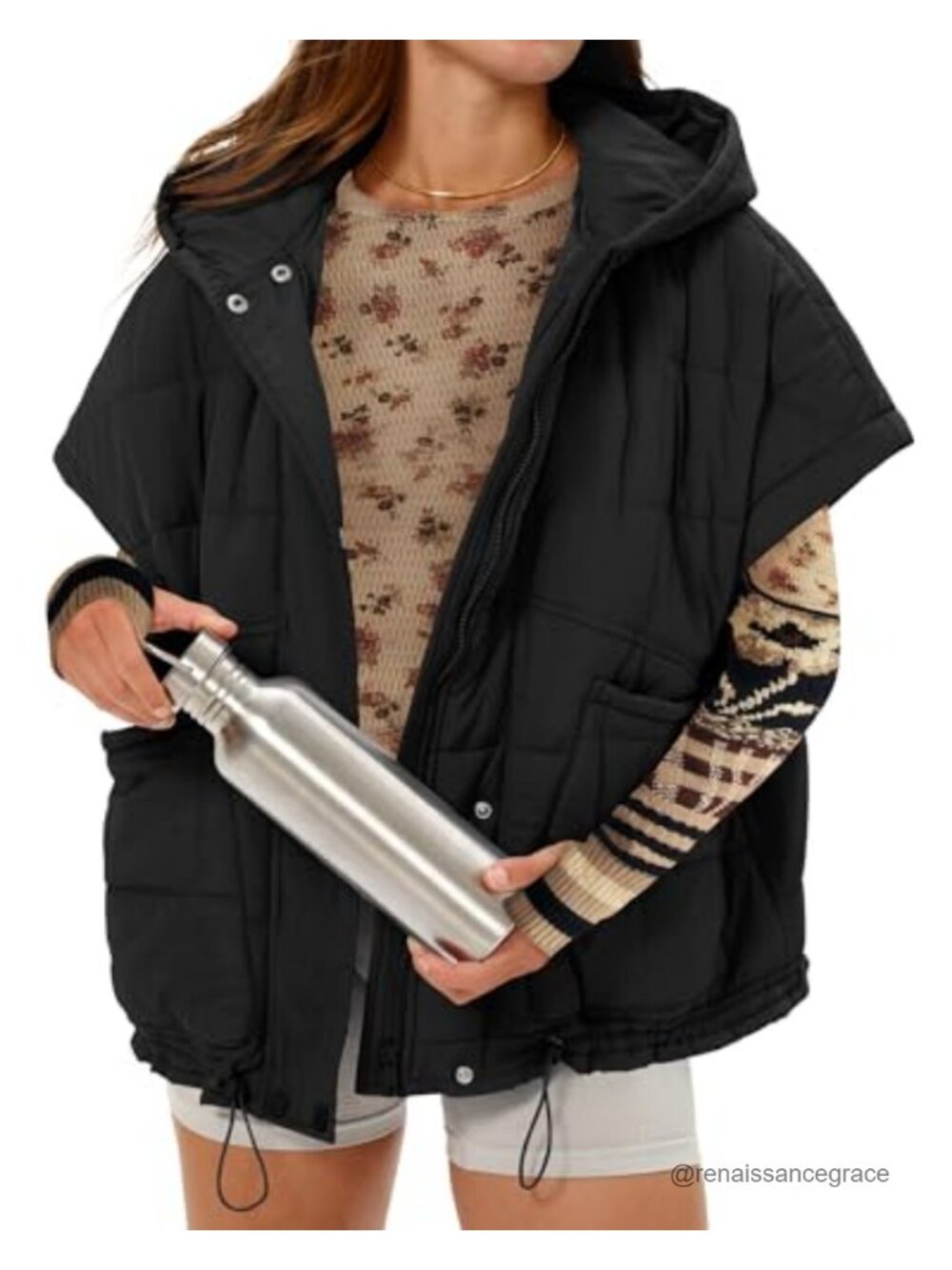 Oversized Quilted Puffer Vest Hooded Zip Cap Sleeve Winter Outerwear